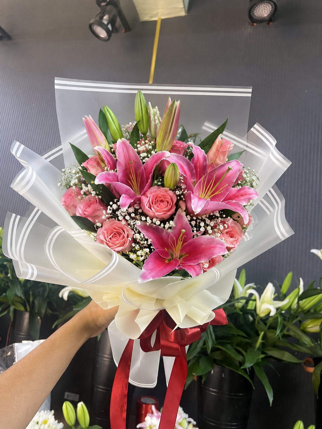 The Crimson Whisper: Pink Lily & Classic Rose Romance