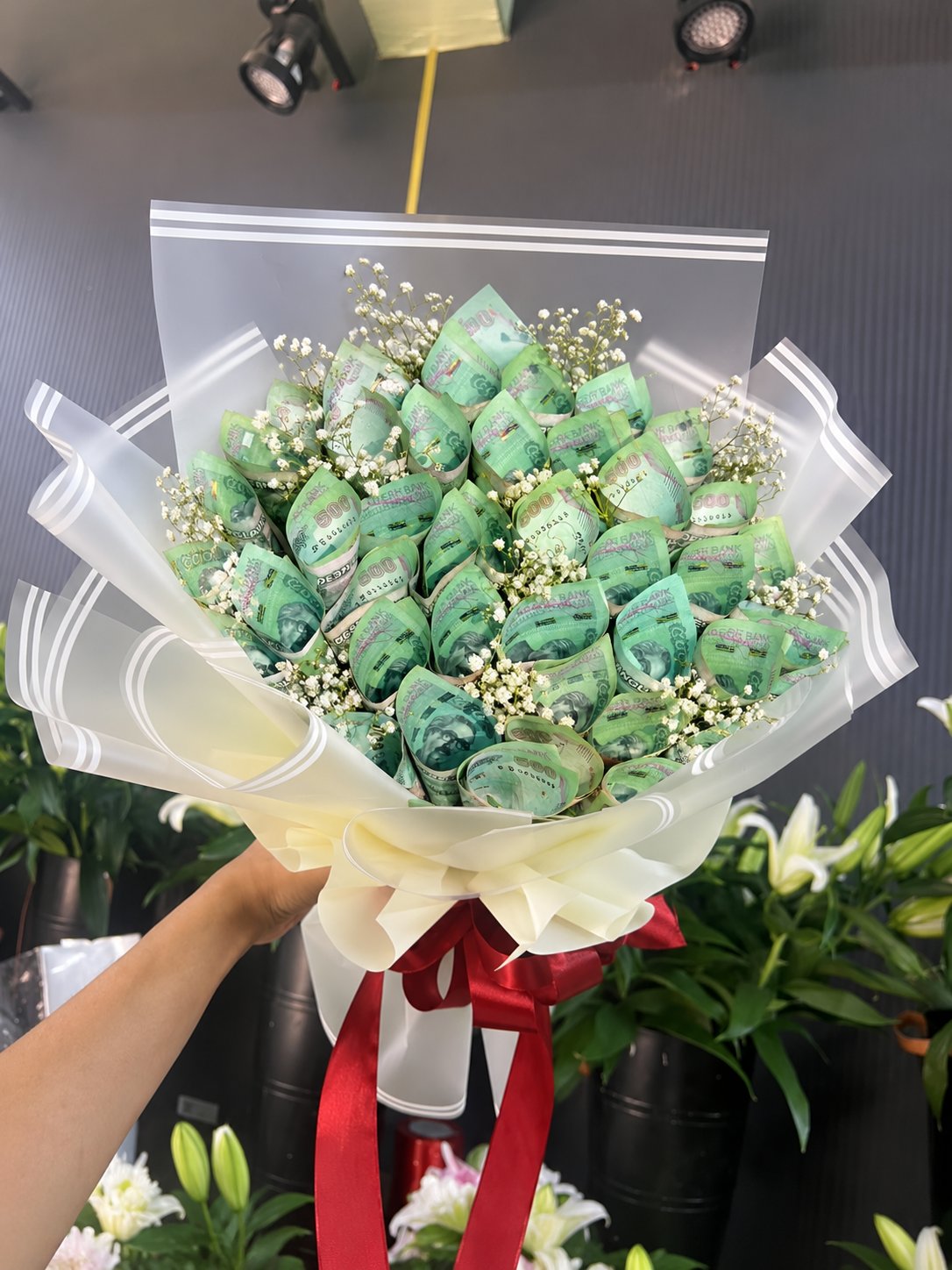 Money Bouquet with Baby’s Breath