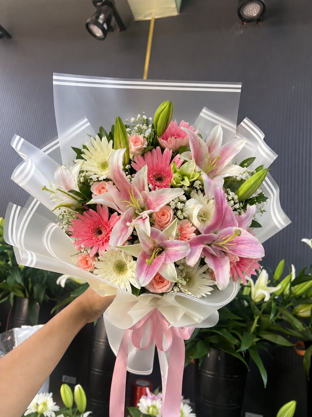 The Pastel Symphony: Pink Lily & Gerbera Celebration Bouquet