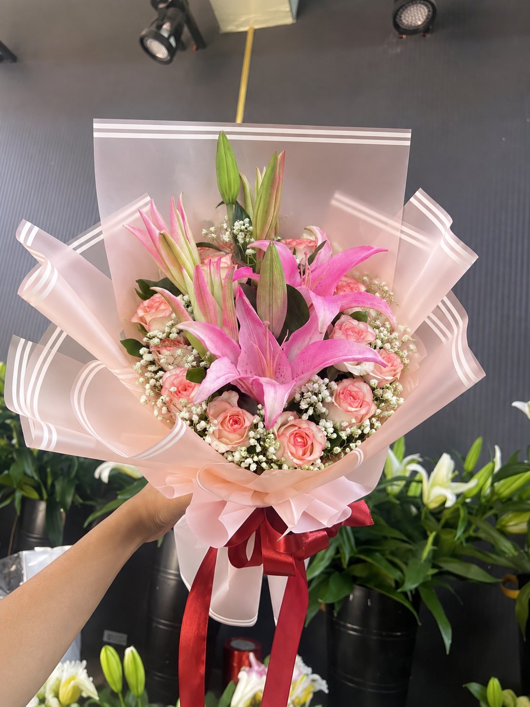 The Velvet Romance: Pink Lily & Blush Rose Symphony