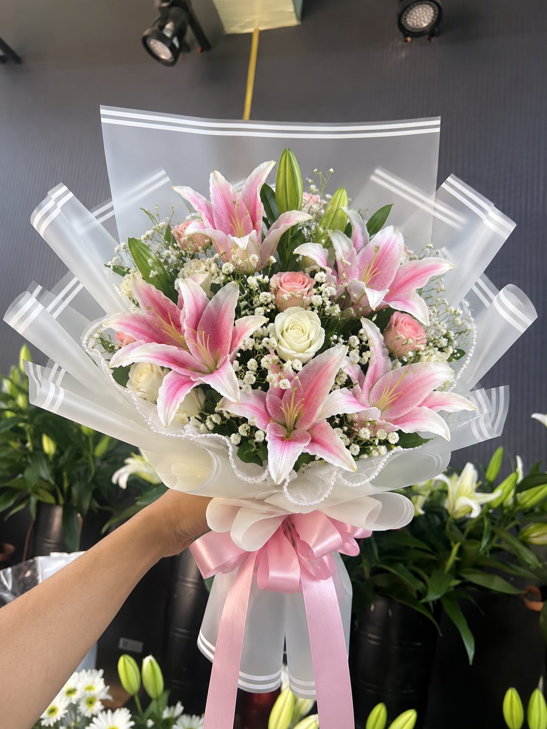 The Blush Reverie: Pink Lily & Pearl Rose Tribute