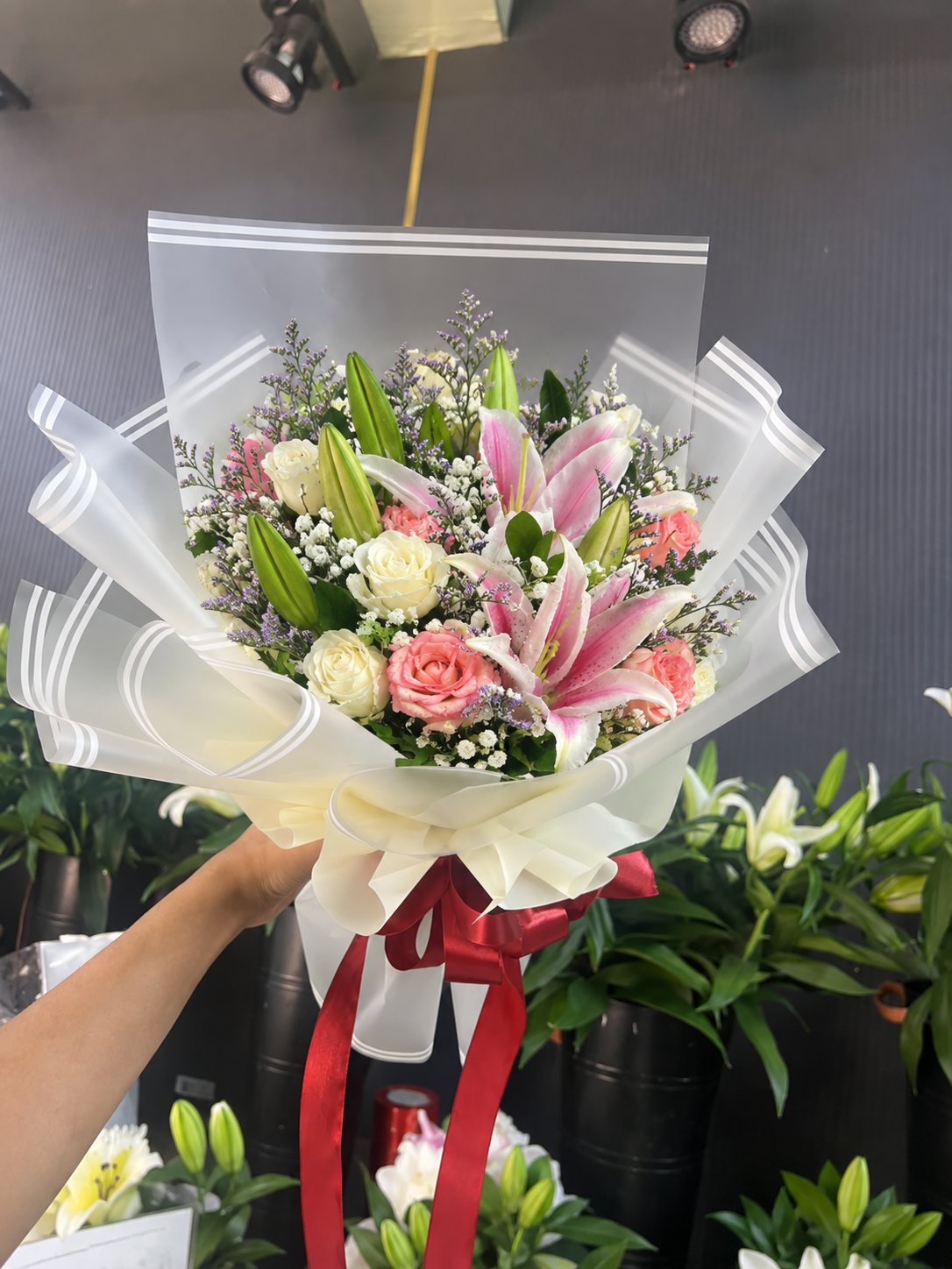 The Sweet Serenity: Stargazer Lily & Classic Rose Bouquet