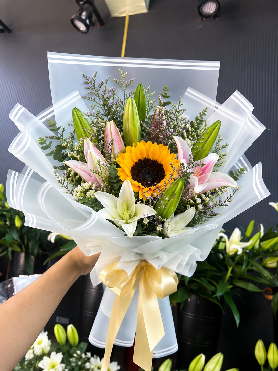 The Golden Dawn: Sunflower & Pastel Lily Harmony
