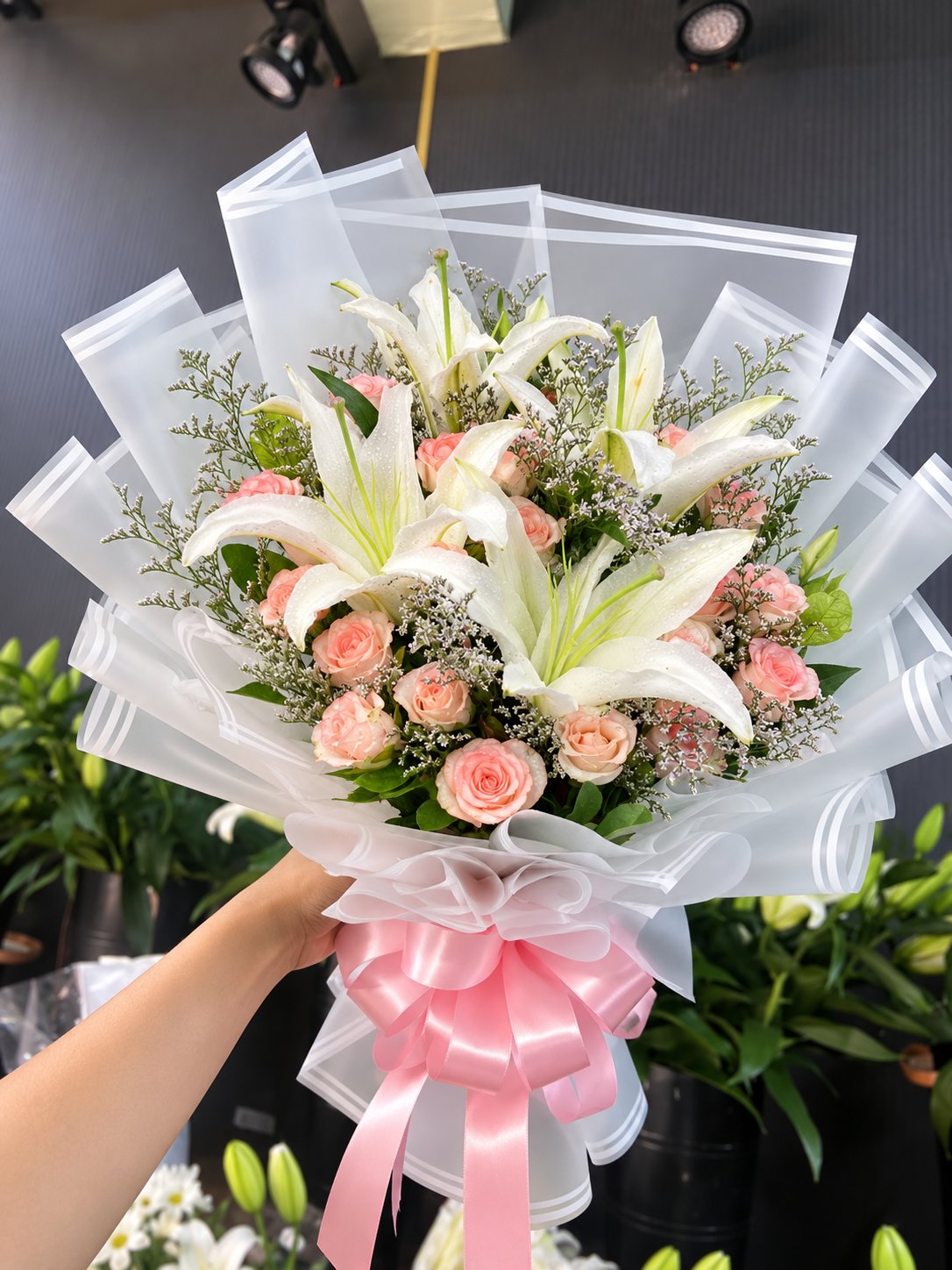 The Moonlight Serenade: White Lily & Peach Rose Symphony